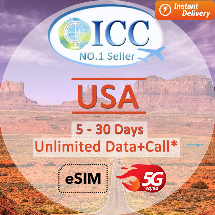 ICC eSIM - USA 7-30 Days Unlimited Data + Call* (24/7 auto deliver eSIM ) Daily plan can top up reuse(T-Mobile/AT&T network)