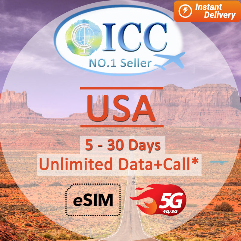 ICC eSIM - USA 7-30 Days Unlimited Data + Call* (24/7 auto deliver eSIM ) Daily plan can top up reuse(T-Mobile/AT&T network)