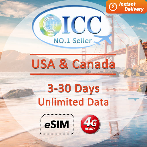 ICC eSIM - USA and Canada 3-30 Days Unlimited Data (24/7 auto deliver eSIM )
