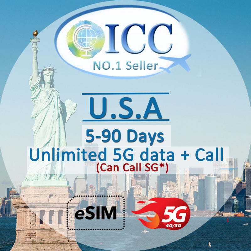 ICC eSIM - USA 5-90 Days Unlimited 5G/4G Data + Locall Call/Int'l Call-T-Mobile network (24/7 auto deliver eSIM)