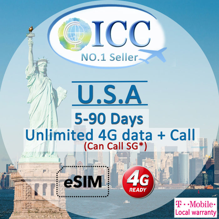 ICC eSIM - USA 10-90 Days Unlimited 4G Data + Locall Call/Int'l Call (24/7 auto deliver eSIM)