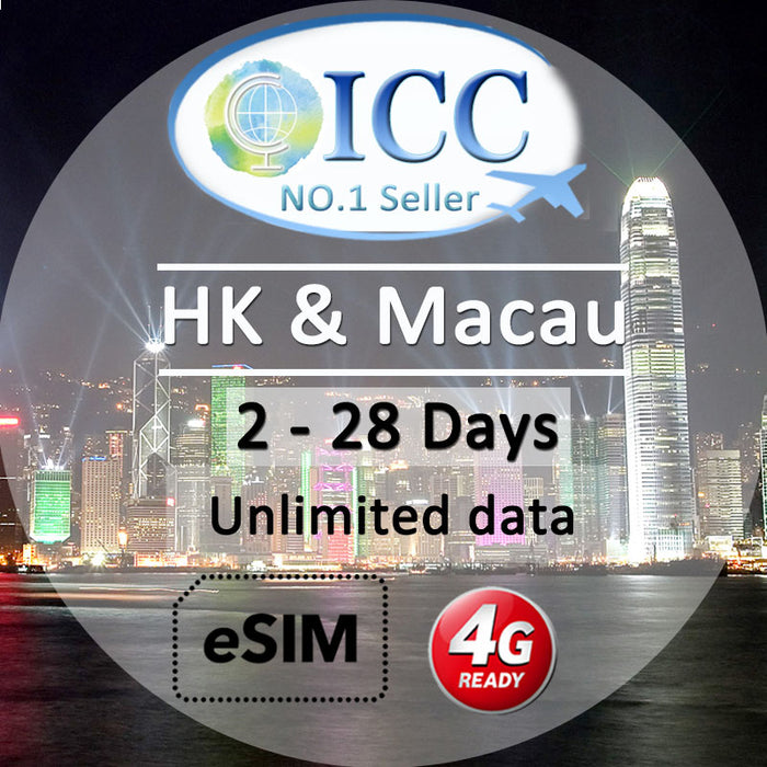 ICC eSIM - HK & Macau 2-28 Days Unlimited Data (24/7 auto deliver eSIM )