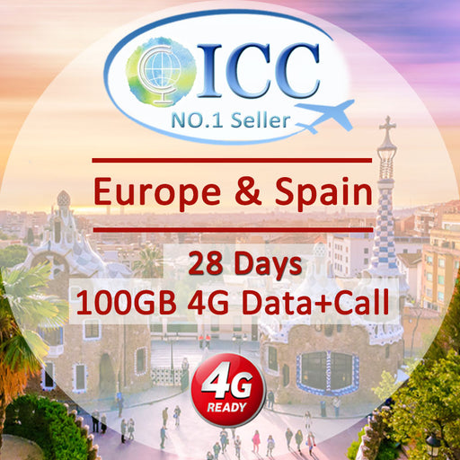 ICC SIM Card - Europe & Spain 28 Days 25GB*/50GB*/100GB* 4G Data + Call SIM