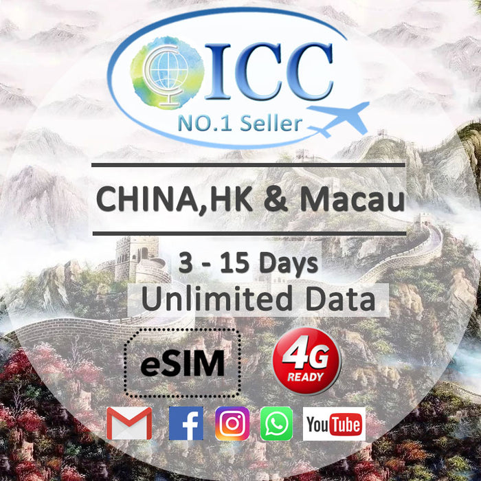 ICC eSIM - China Mainland, HK and Macau 3-15 Days Unlimited Data-China Mobile network (24/7 auto deliver eSIM )/Can top up Reuse