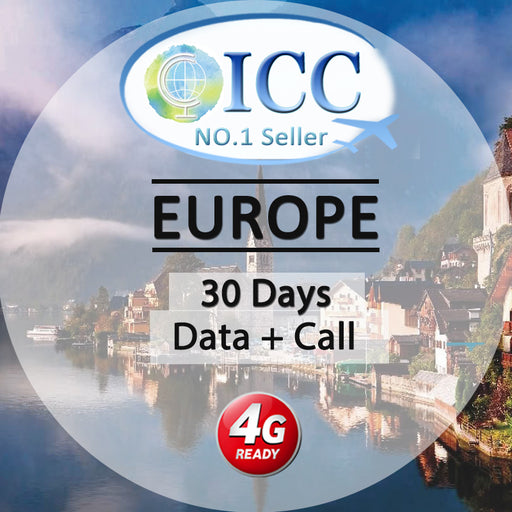 ICC SIM Card - EU-A Europe+UK 30 Days 10GB/30GB/60GB/Unlimited 5G/4G Data + Call