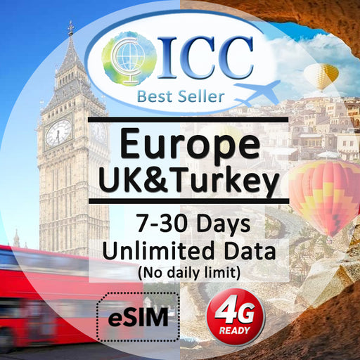 ICC eSIM - UK, Europe & Turkey 7-30 Days Unlimited Data (24/7 auto deliver eSIM )
