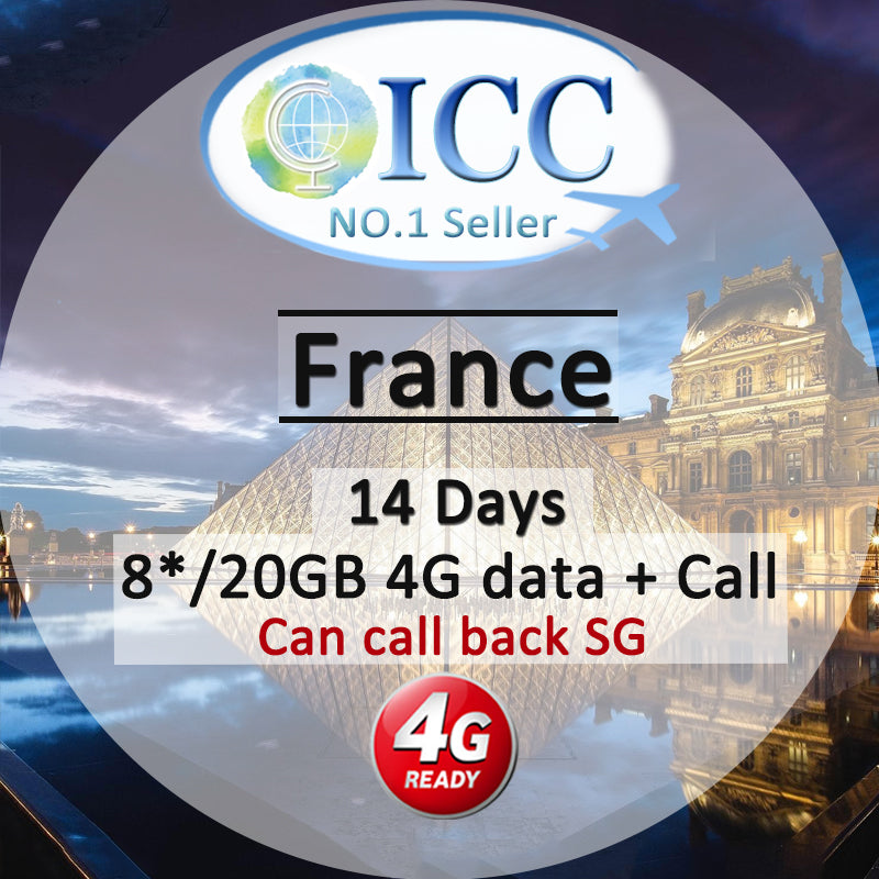 ICC SIM Card - France 14 Days 8GB/20GB 4G Data + Local Call + Int'l Call