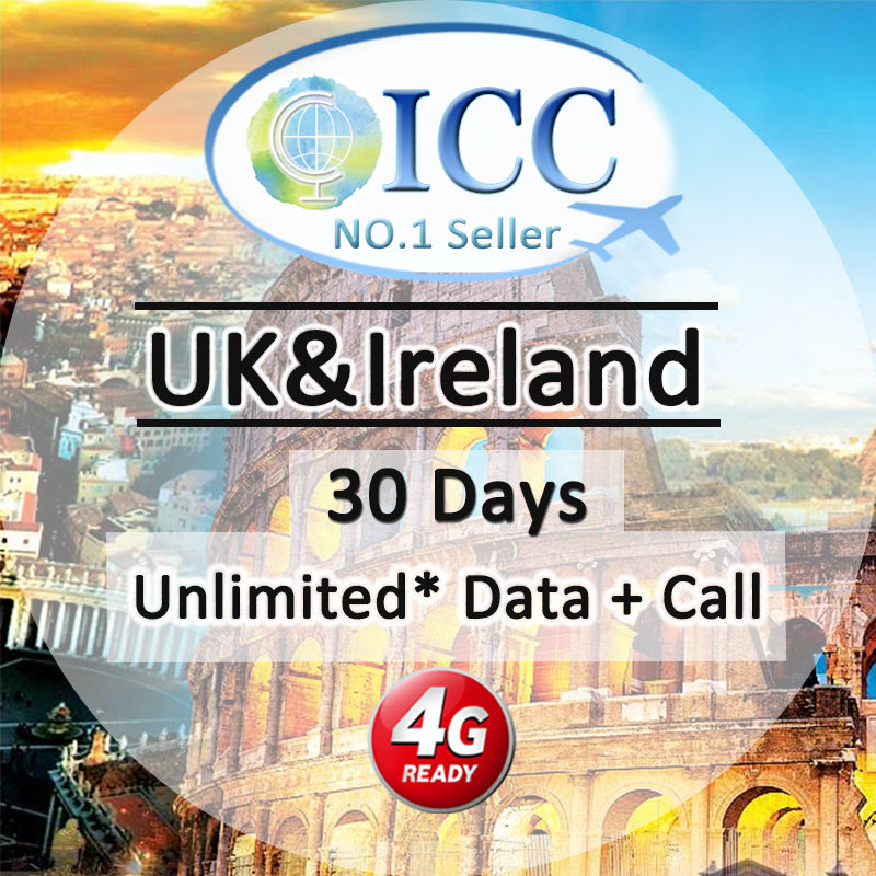 ICC SIM Card - UK & Ireland 30 Days 7GB/40GB/100GB/Unlimited 4G Data + Call